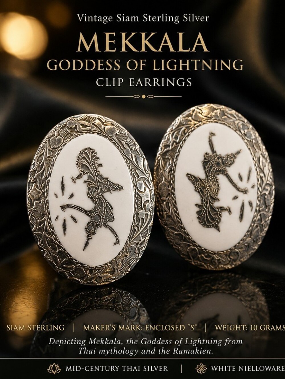 Vintage Siam Sterling Silver Mekkala Goddess White Niello Clip Earrings 10g